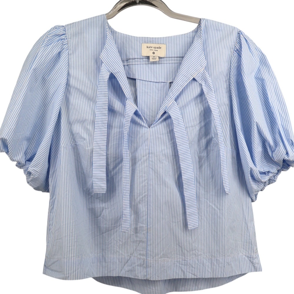 Kate Spade New York Blue Stripe Puff Sleeve Tie Front Cotton Blouse XS - Picture 5 of 5